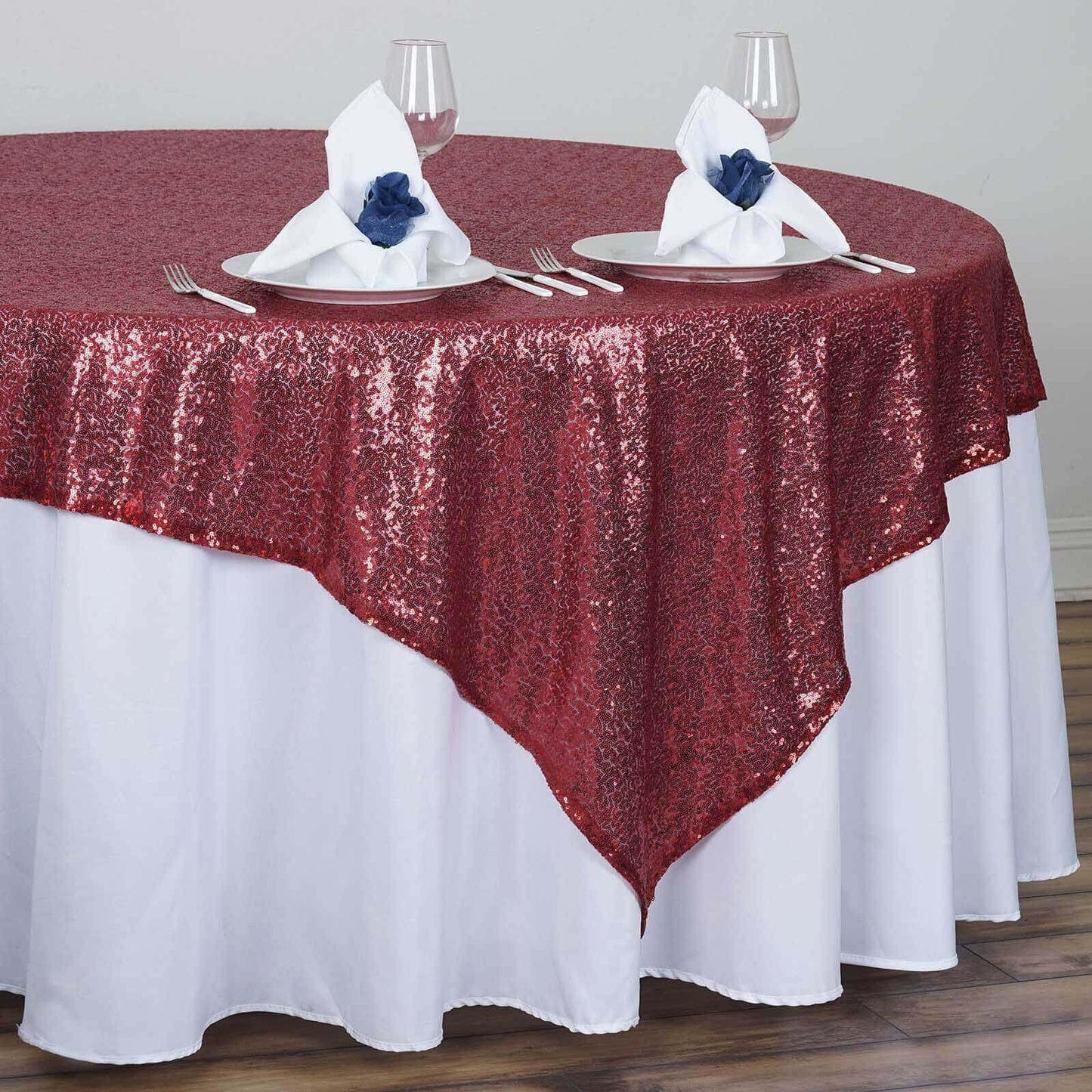 Sequin 72"x72" Table Overlay Square Tablecloth Burgundy - Sparkly Table Cover - Linen Luxes