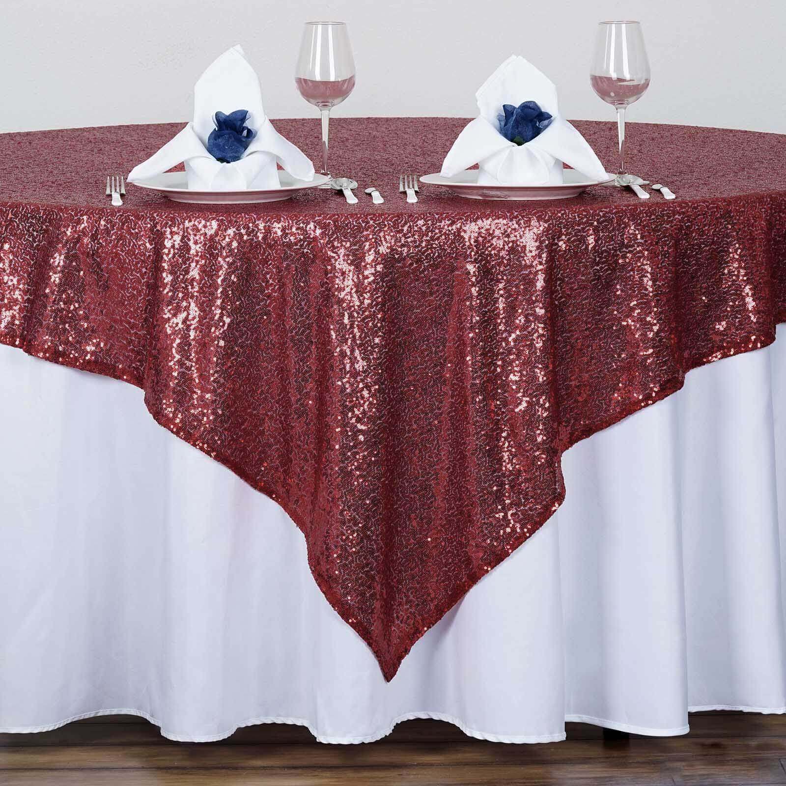 Sequin 72"x72" Table Overlay Square Tablecloth Burgundy - Sparkly Table Cover - Linen Luxes
