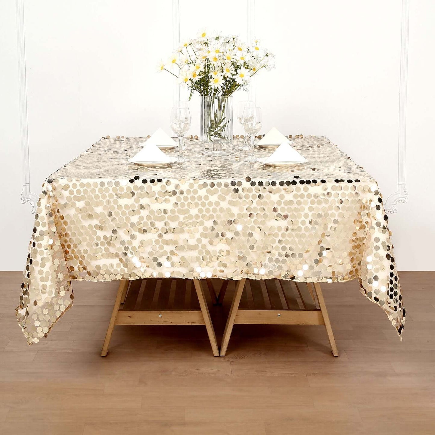 Sequin 72"x72" Table Overlay Square Tablecloth Champagne - Big Payette Table Cover - Linen Luxes