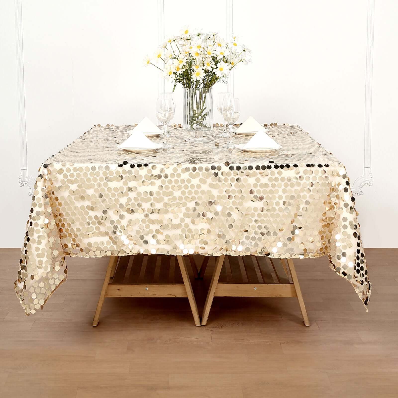 Sequin 72"x72" Table Overlay Square Tablecloth Champagne - Big Payette Table Cover - Linen Luxes