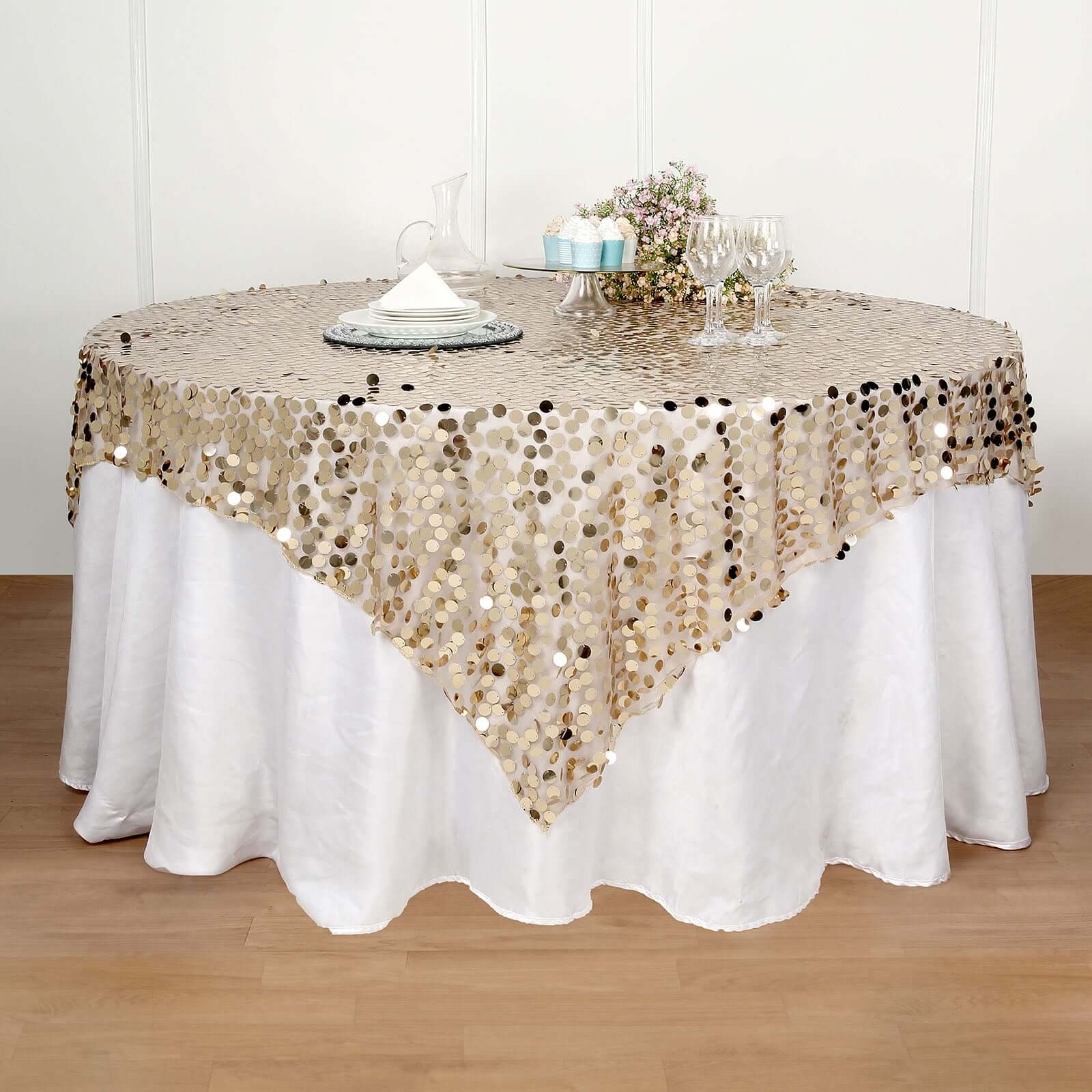 Sequin 72"x72" Table Overlay Square Tablecloth Champagne - Big Payette Table Cover - Linen Luxes