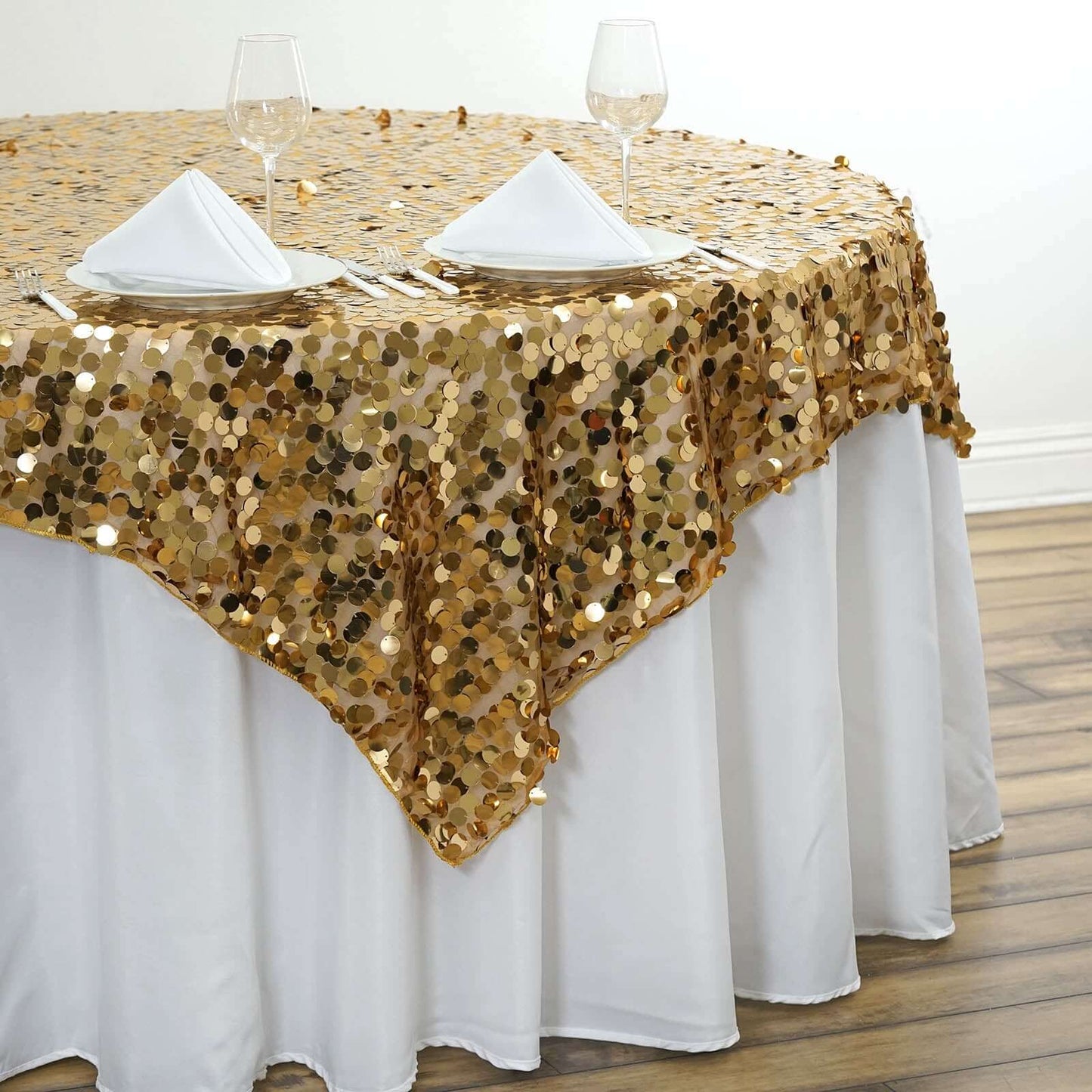 Sequin 72"x72" Table Overlay Square Tablecloth Gold - Big Payette Table Cover - Linen Luxes