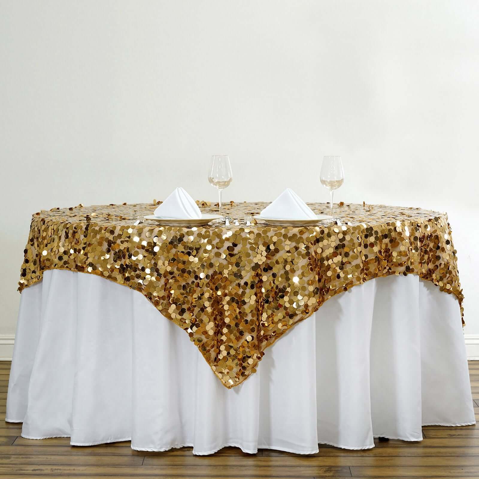 Sequin 72"x72" Table Overlay Square Tablecloth Gold - Big Payette Table Cover - Linen Luxes