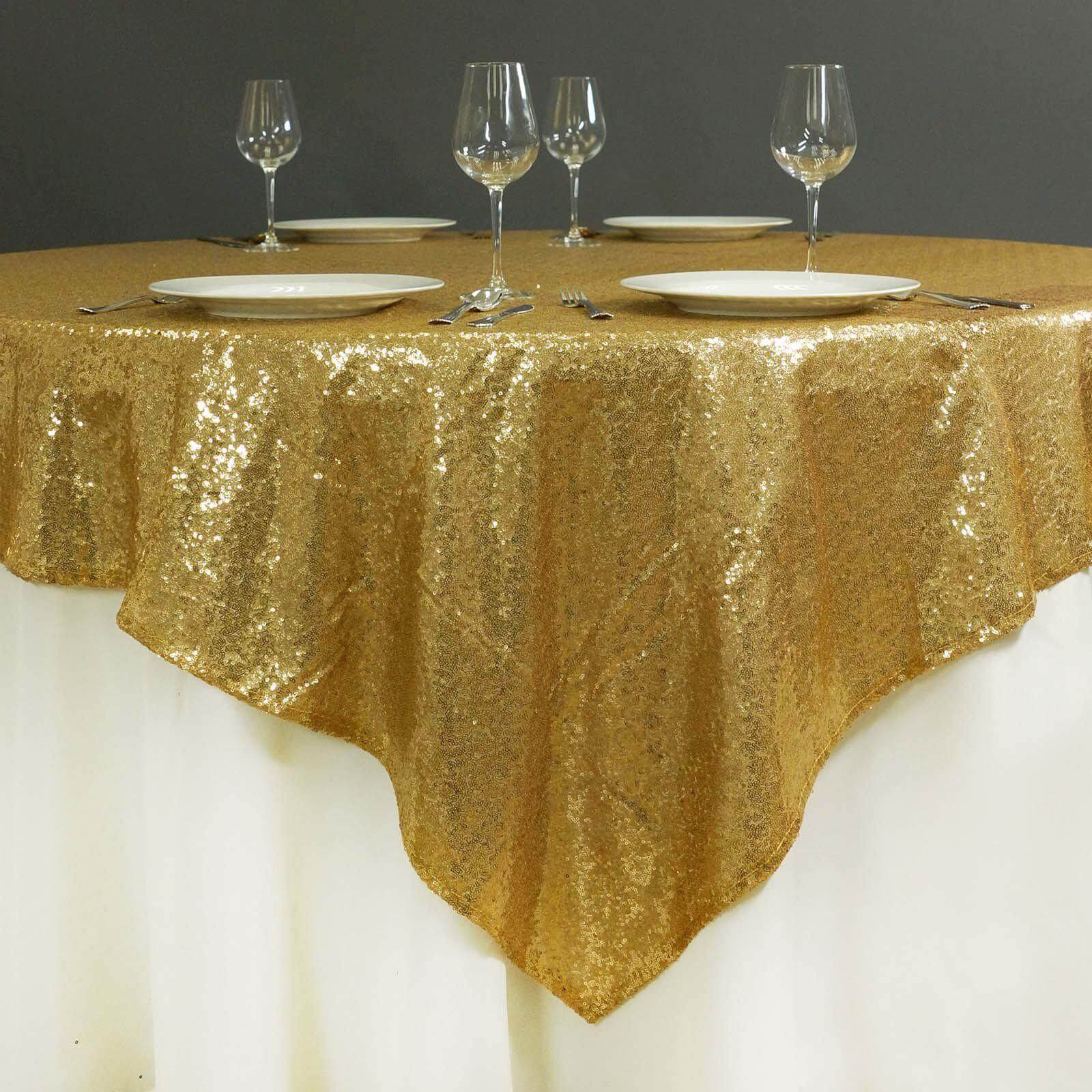 Sequin 72"x72" Table Overlay Square Tablecloth Gold - Sparkly Design for Stunning Events - Linen Luxes