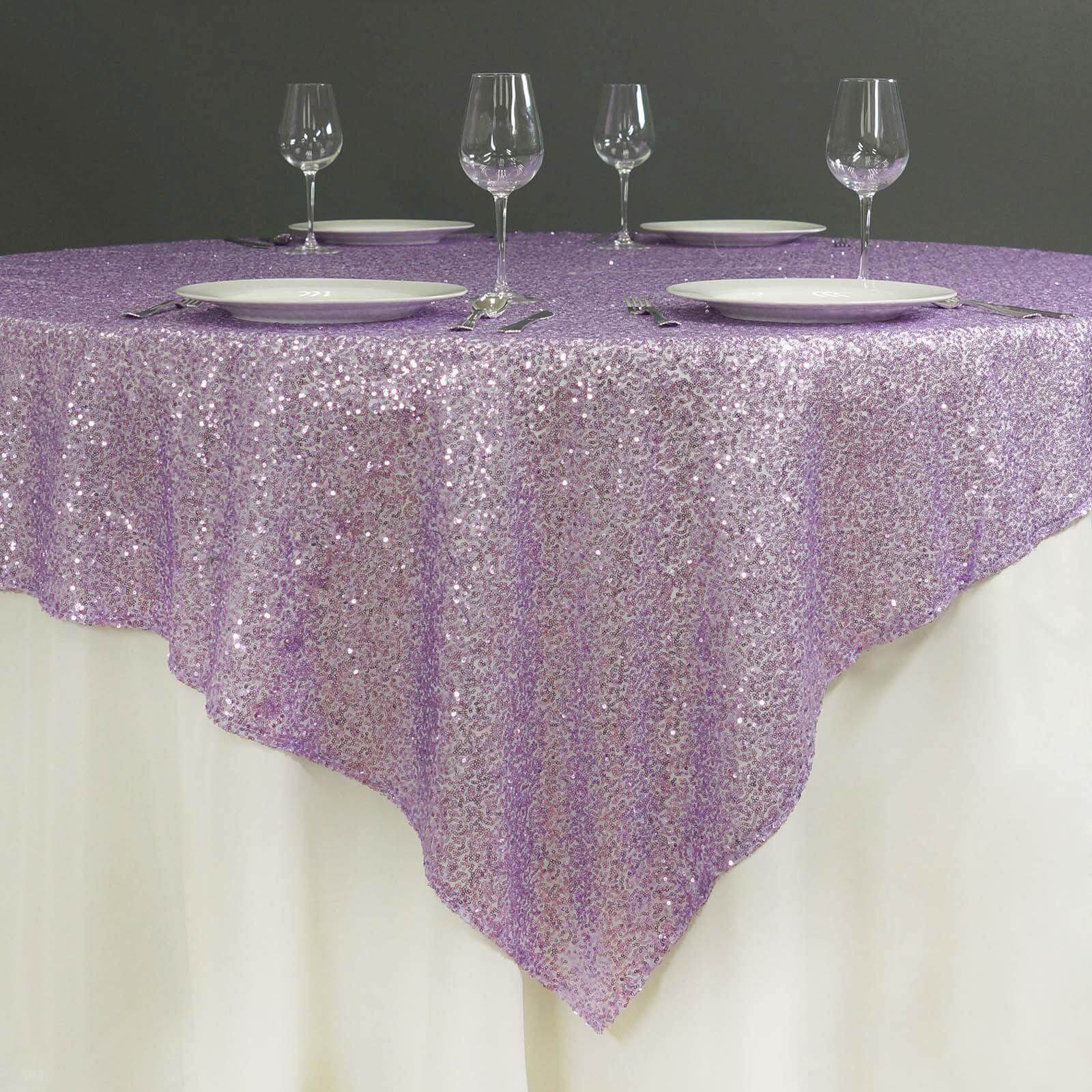 Sequin 72"x72" Table Overlay Square Tablecloth Lavender Lilac - Sparkly Table Cover - Linen Luxes