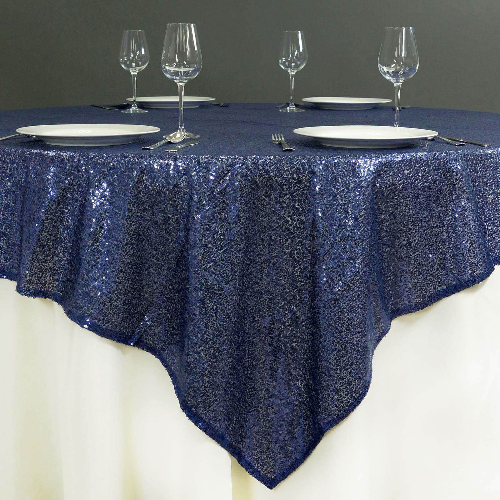 Sequin 72"x72" Table Overlay Square Tablecloth Navy Blue - Sparkly Table Cover - Linen Luxes
