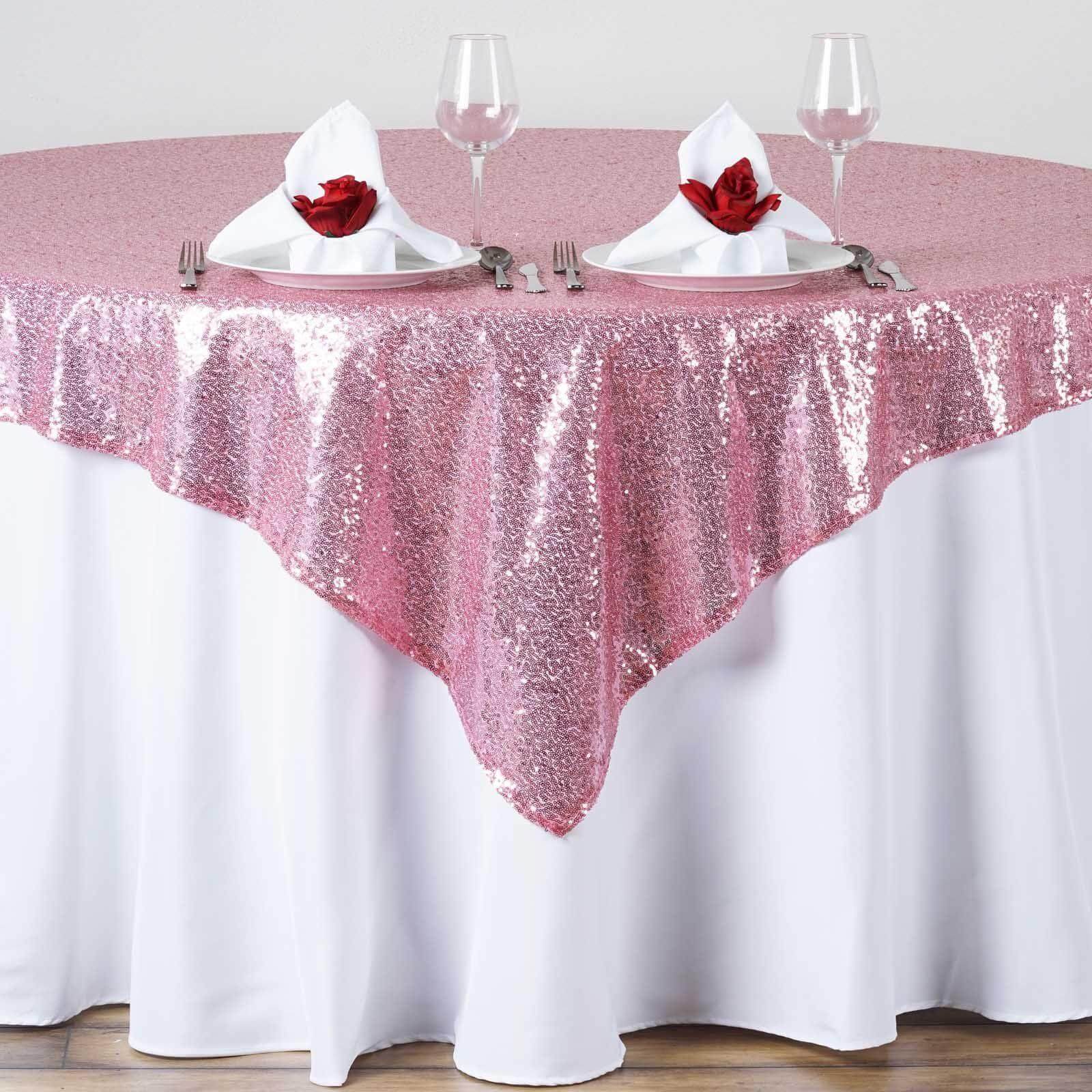 Sequin 72"x72" Table Overlay Square Tablecloth Pink - Sparkly Table Cover - Linen Luxes
