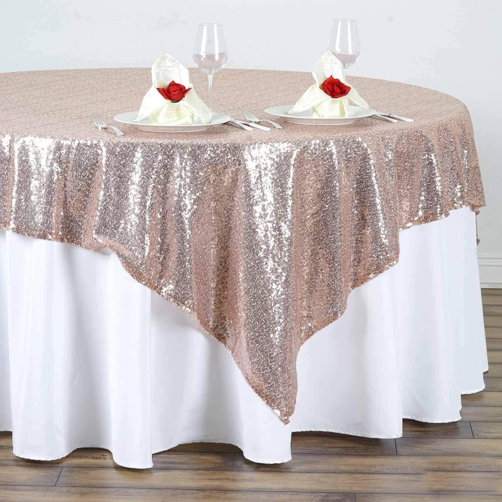 Sequin 72"x72" Table Overlay Square Tablecloth Rose Gold - Sparkly Table Cover - Linen Luxes