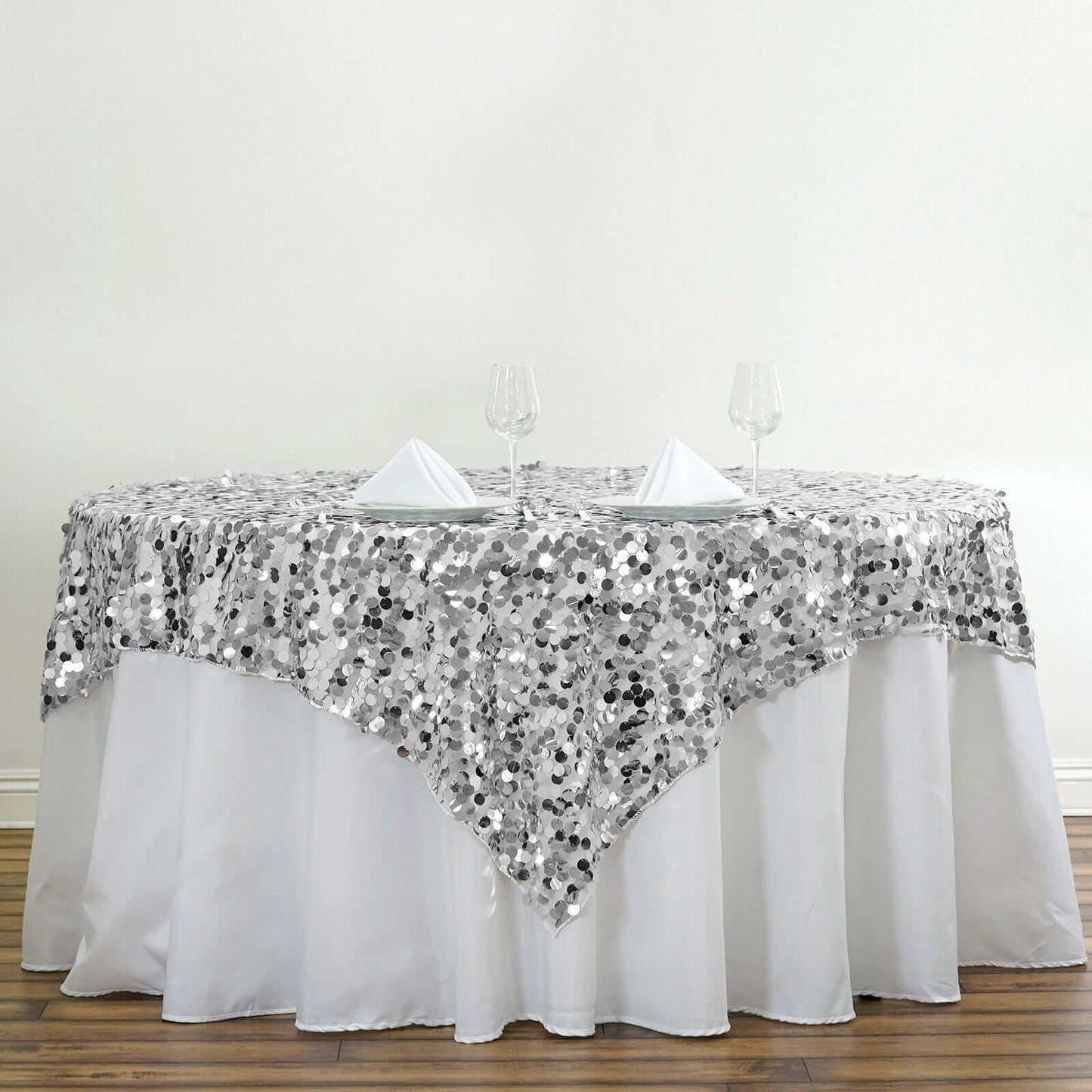 Sequin 72"x72" Table Overlay Square Tablecloth Silver - Big Payette Table Cover - Linen Luxes