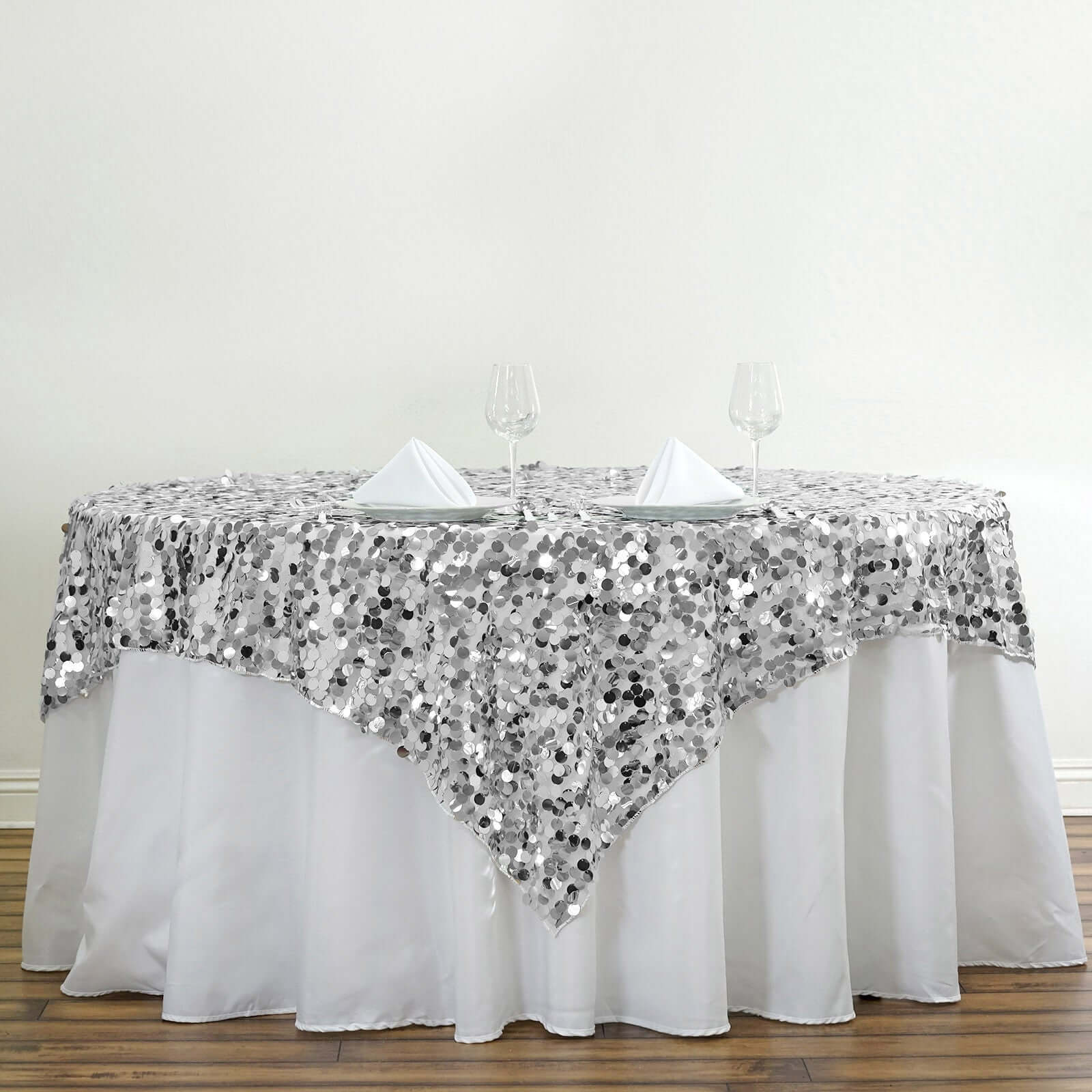 Sequin 72"x72" Table Overlay Square Tablecloth Silver - Big Payette Table Cover - Linen Luxes