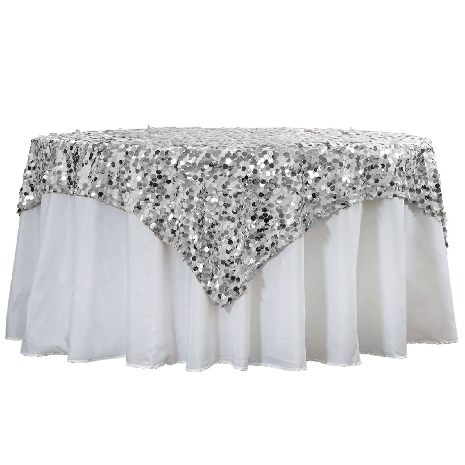 Sequin 72"x72" Table Overlay Square Tablecloth Silver - Big Payette Table Cover - Linen Luxes
