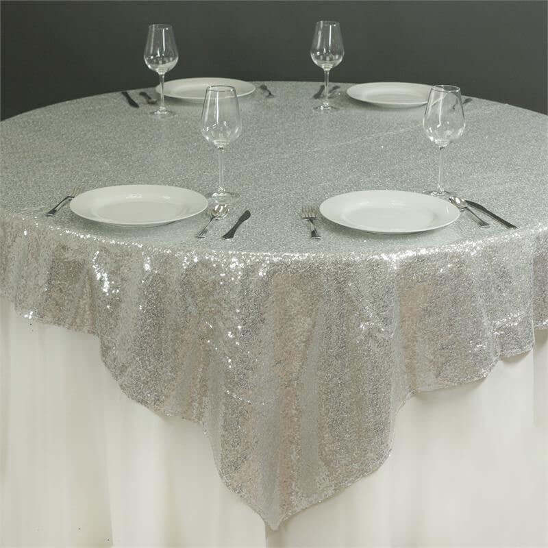 Sequin 72"x72" Table Overlay Square Tablecloth Silver - Sparkly Table Cover - Linen Luxes
