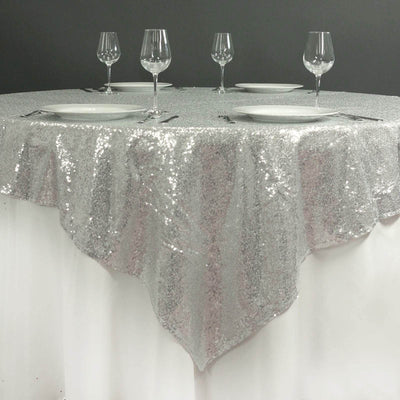 Sequin 72"x72" Table Overlay Square Tablecloth Silver - Sparkly Table Cover - Linen Luxes