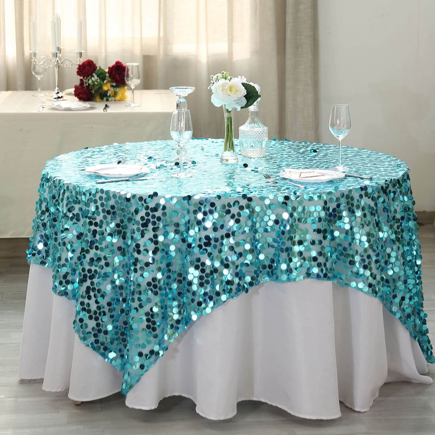 Sequin 72"x72" Table Overlay Square Tablecloth Turquoise - Big Payette Table Cover - Linen Luxes