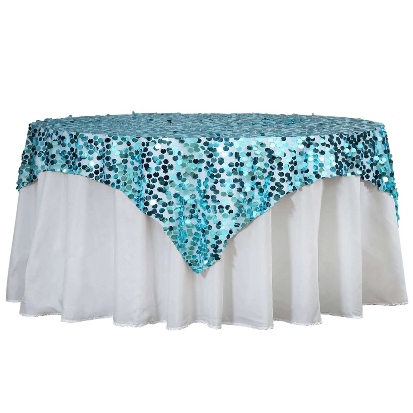 Sequin 72"x72" Table Overlay Square Tablecloth Turquoise - Big Payette Table Cover - Linen Luxes