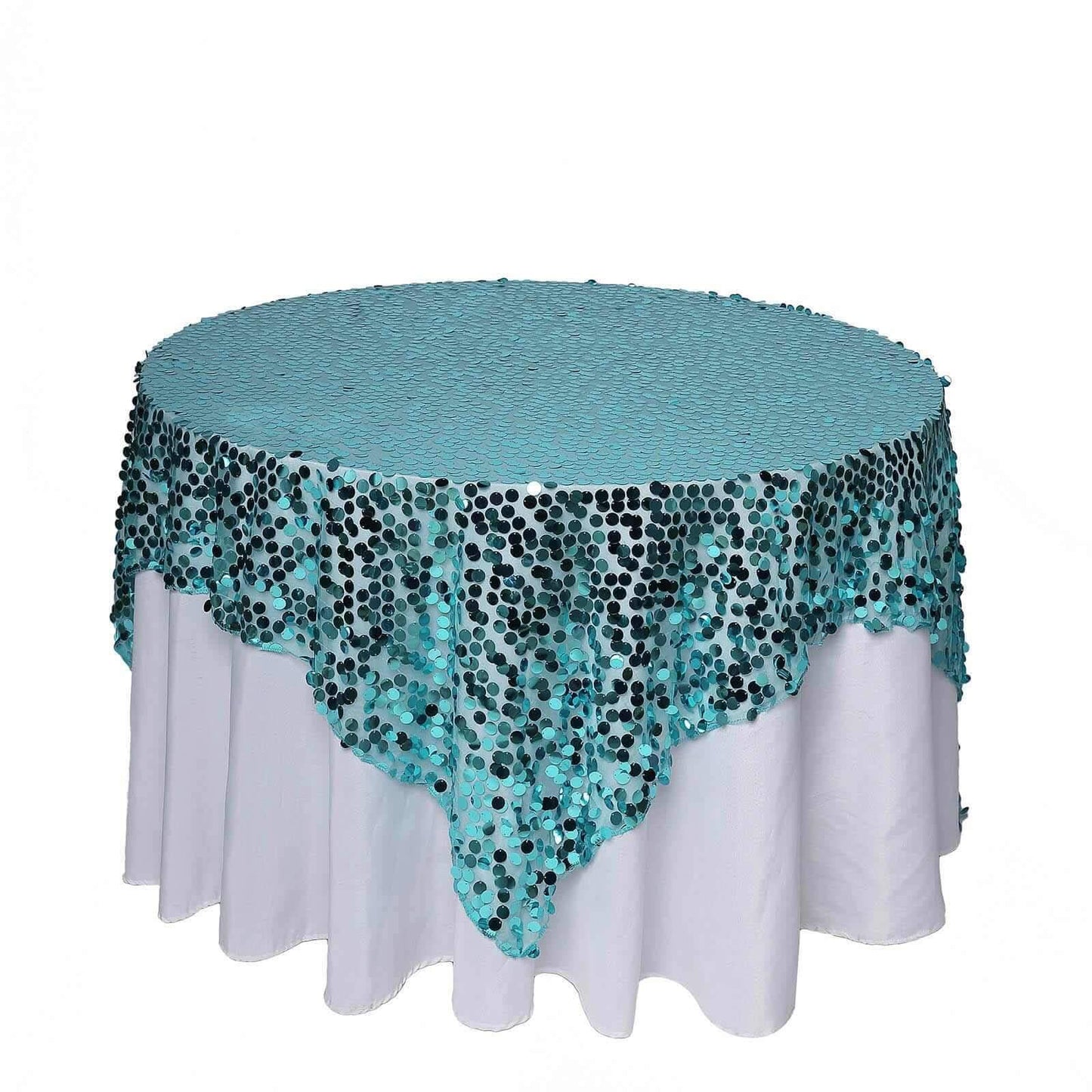 Sequin 72"x72" Table Overlay Square Tablecloth Turquoise - Big Payette Table Cover - Linen Luxes