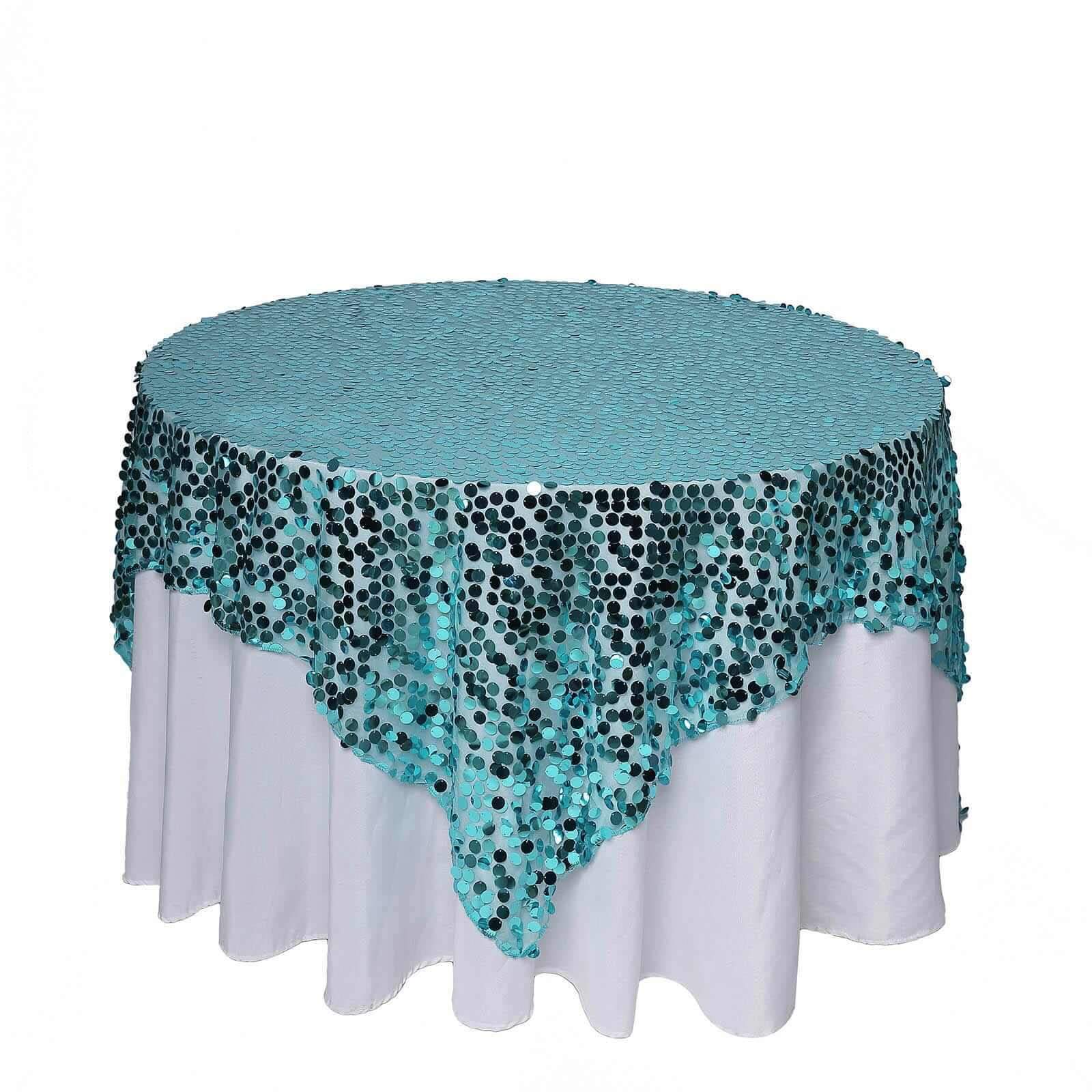 Sequin 72"x72" Table Overlay Square Tablecloth Turquoise - Big Payette Table Cover - Linen Luxes