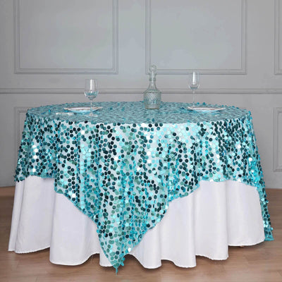Sequin 72"x72" Table Overlay Square Tablecloth Turquoise - Big Payette Table Cover - Linen Luxes