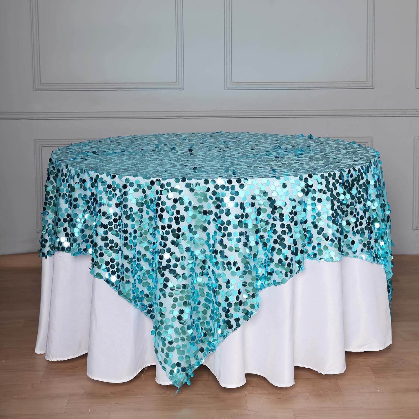 Sequin 72"x72" Table Overlay Square Tablecloth Turquoise - Big Payette Table Cover - Linen Luxes