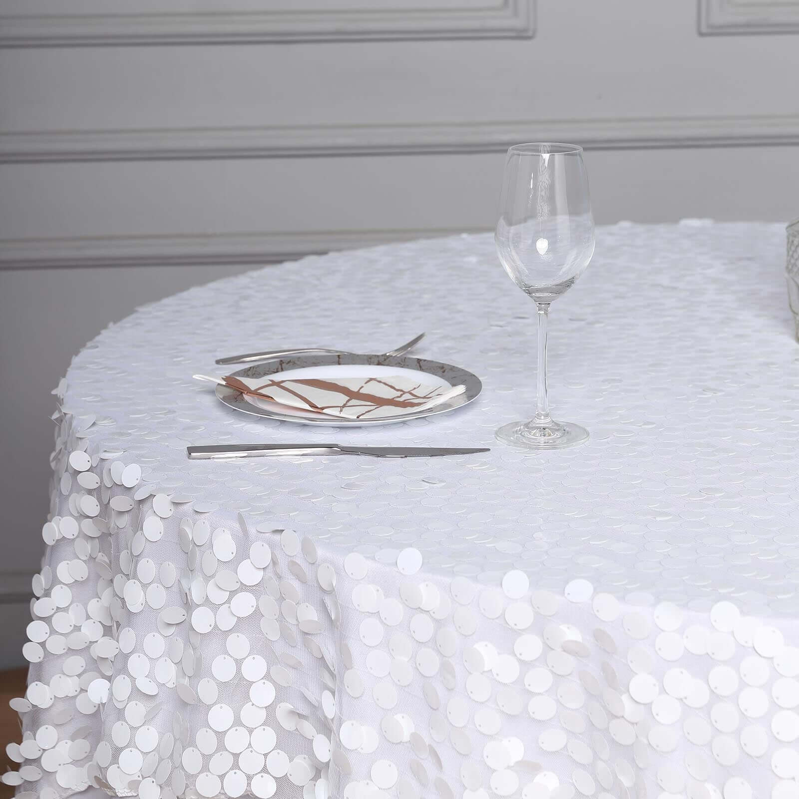 Sequin 72"x72" Table Overlay Square Tablecloth White - Big Payette Design for Classy Celebrations - Linen Luxes
