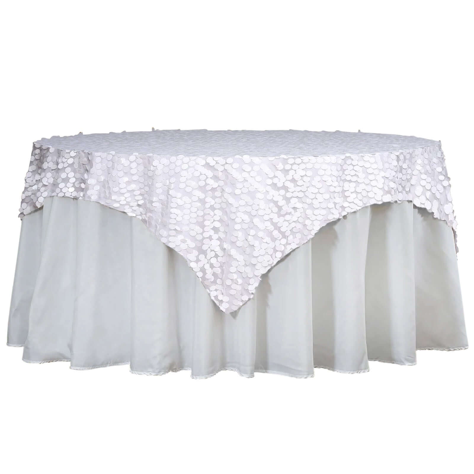 Sequin 72"x72" Table Overlay Square Tablecloth White - Big Payette Design for Classy Celebrations - Linen Luxes