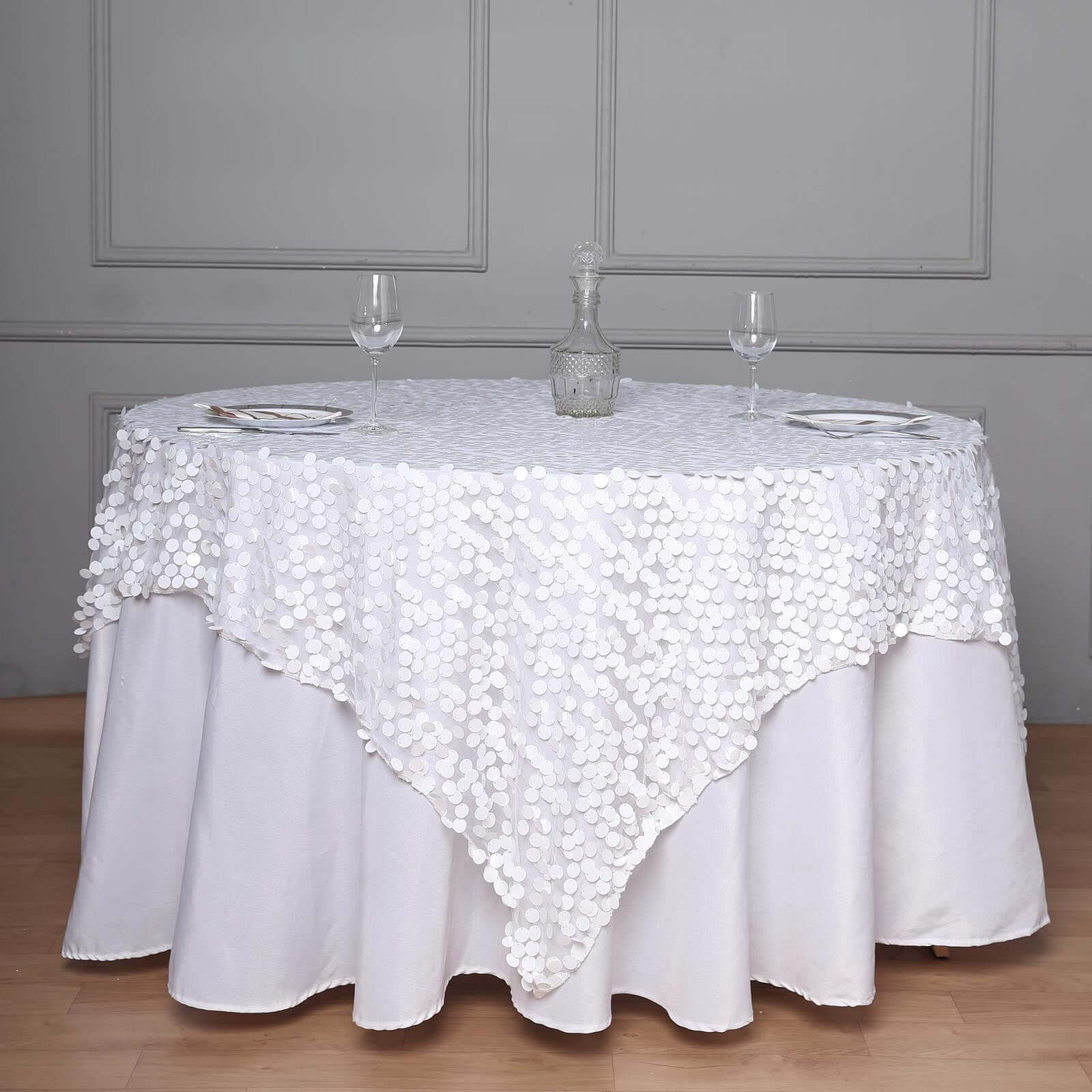 Sequin 72"x72" Table Overlay Square Tablecloth White - Big Payette Design for Classy Celebrations - Linen Luxes