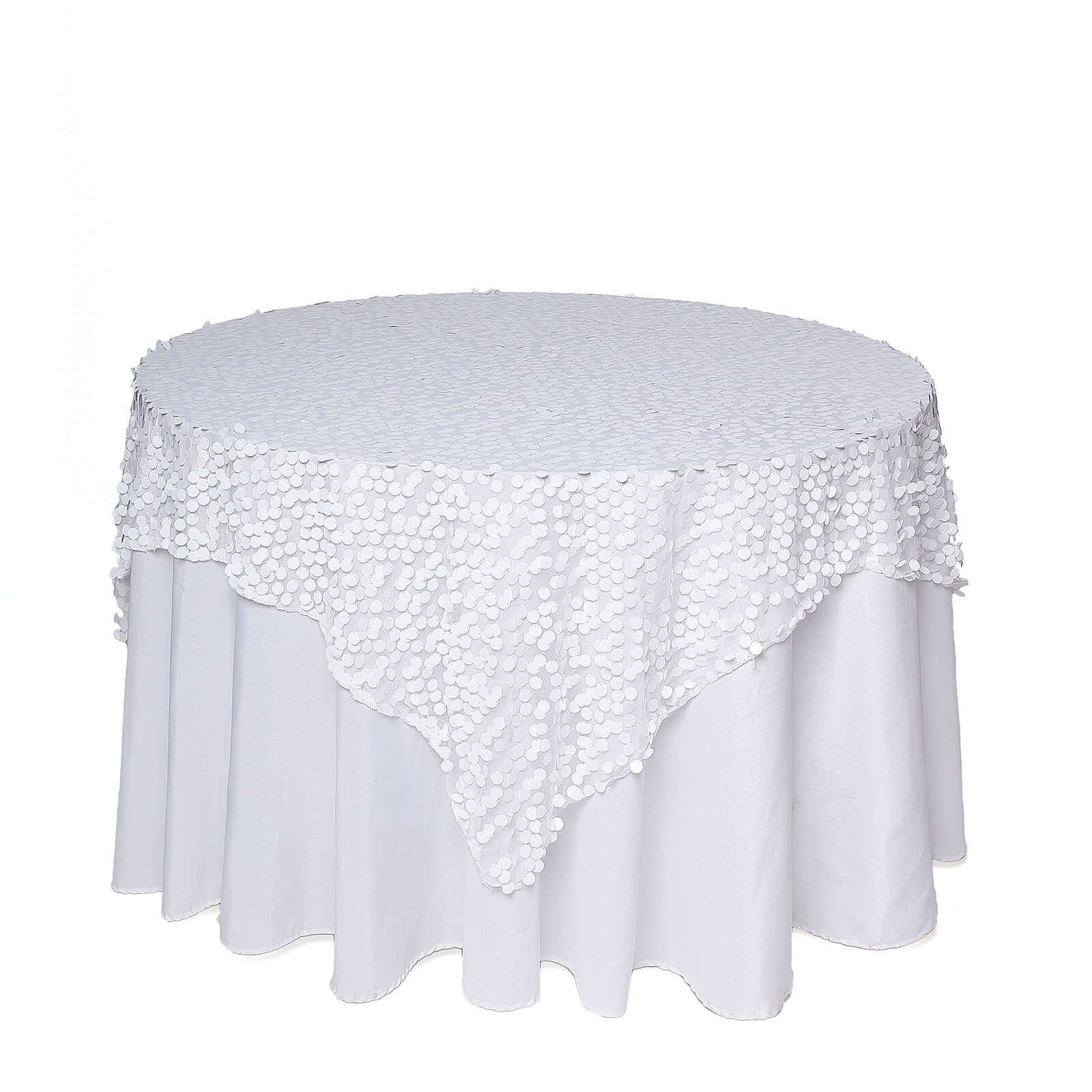 Sequin 72"x72" Table Overlay Square Tablecloth White - Big Payette Design for Classy Celebrations - Linen Luxes