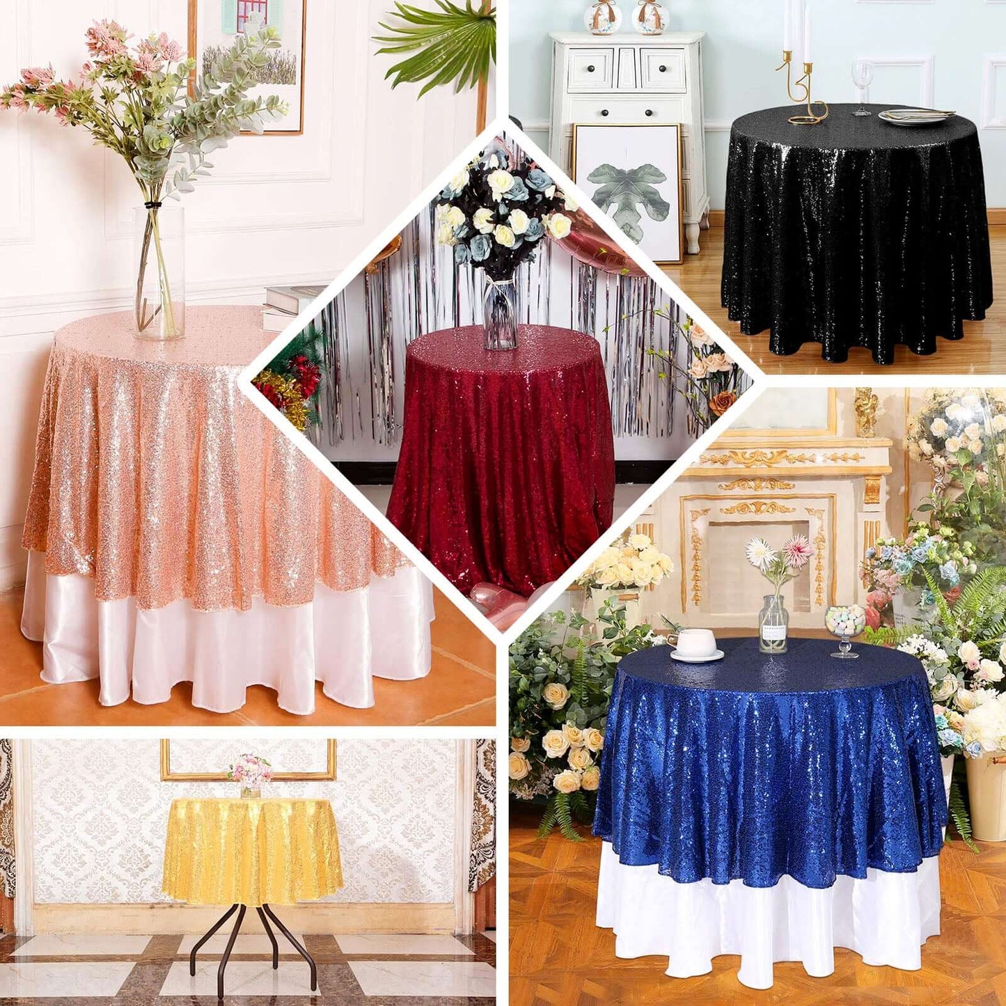 Sequin 90" Round Tablecloth Gold - Glittering Decor for Special Events - Linen Luxes