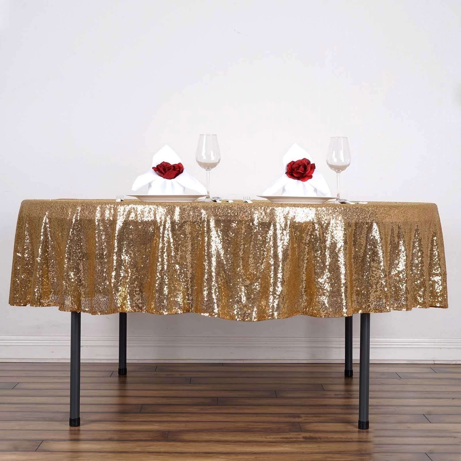 Sequin 90" Round Tablecloth Gold - Glittering Decor for Special Events - Linen Luxes