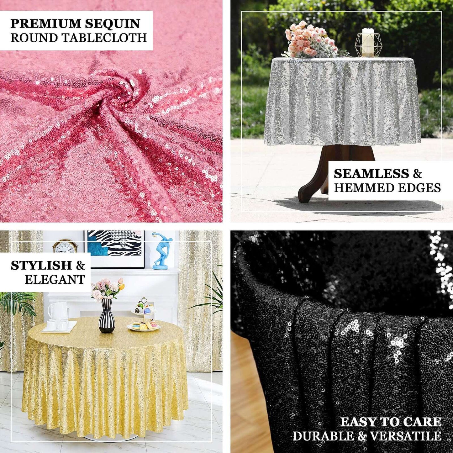 Sequin 90" Round Tablecloth Gold - Glittering Decor for Special Events - Linen Luxes