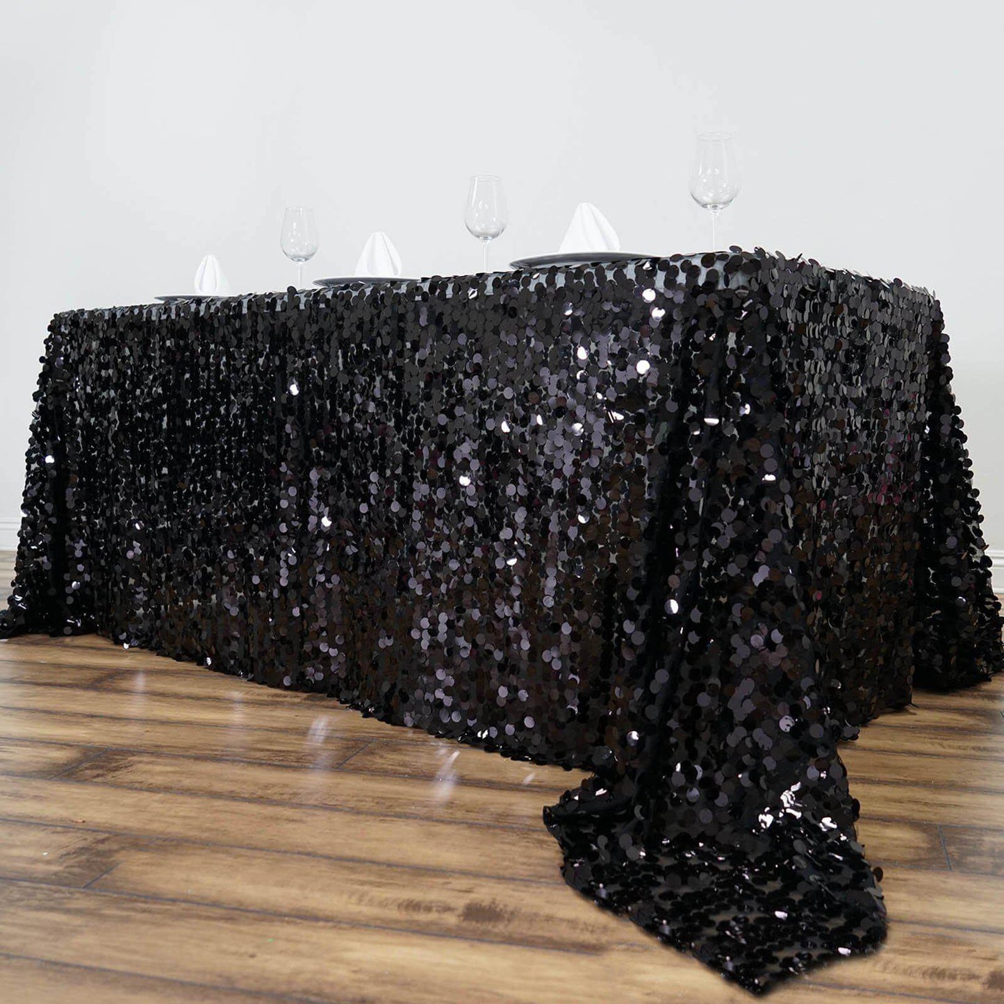 Sequin 90"x132" Rectangle Tablecloth Black - Seamless Big Payette Design for Sophisticated Occasions - Linen Luxes
