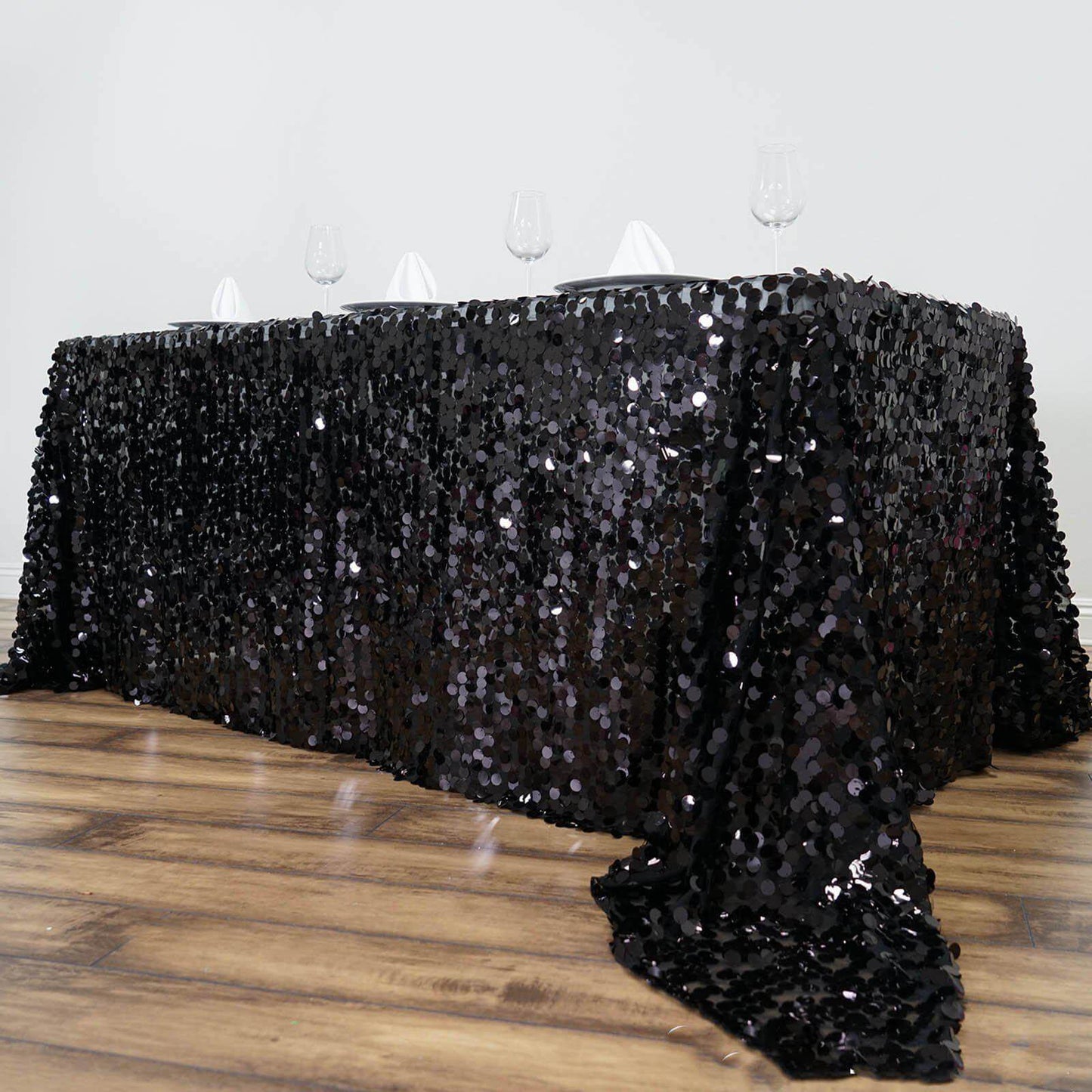 Sequin 90"x132" Rectangle Tablecloth Black - Seamless Big Payette Design for Sophisticated Occasions - Linen Luxes