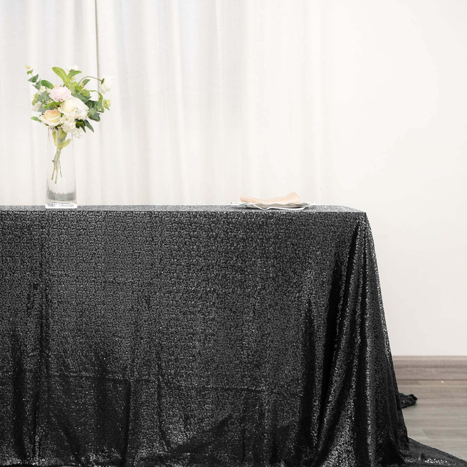 Sequin 90"x132" Rectangle Tablecloth Black - Seamless Sparkly Design for Luxe Occasions - Linen Luxes