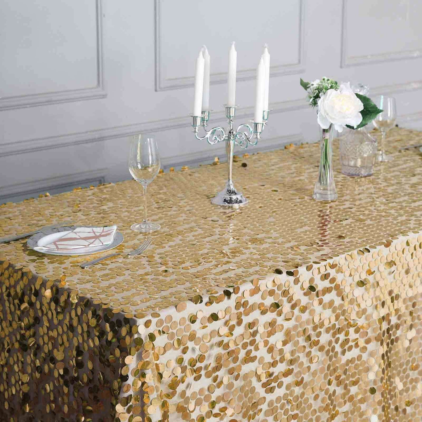 Sequin 90"x132" Rectangle Tablecloth Champagne - Seamless Big Payette Table Cover - Linen Luxes
