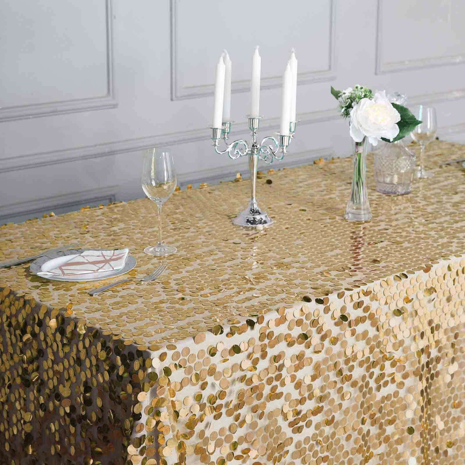 Sequin 90"x132" Rectangle Tablecloth Champagne - Seamless Big Payette Table Cover - Linen Luxes