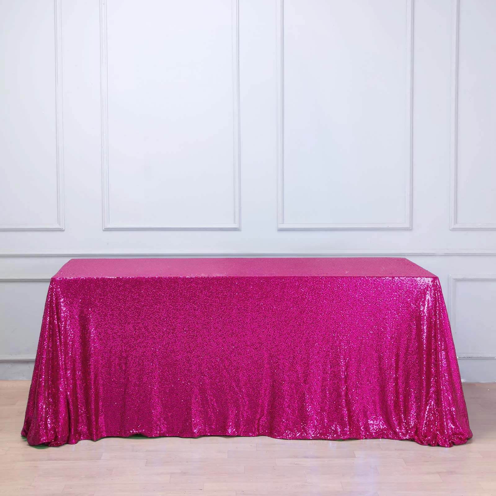 Sequin 90"x132" Rectangle Tablecloth Fuchsia - Seamless Sparkly Table Cover - Linen Luxes