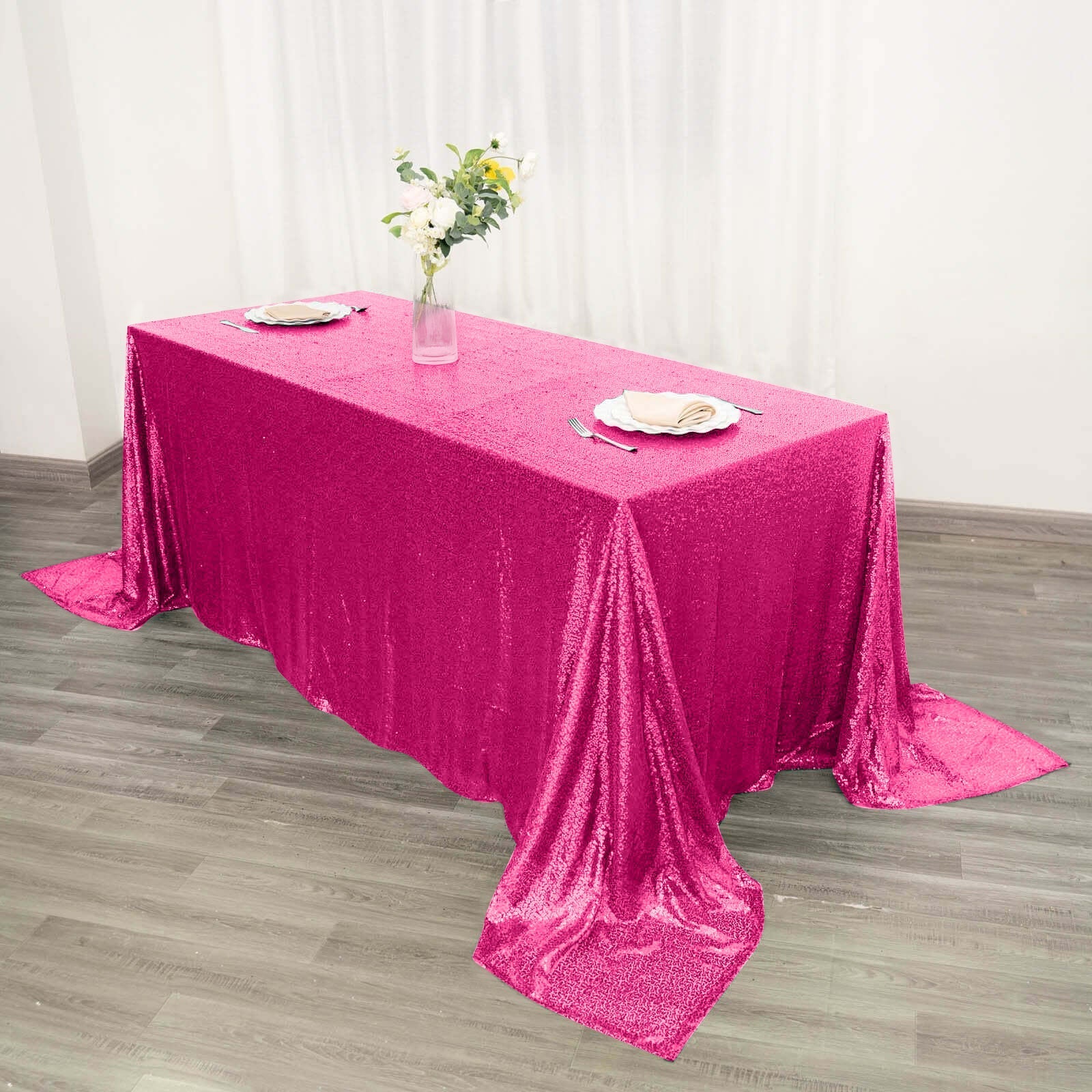 Sequin 90"x132" Rectangle Tablecloth Fuchsia - Seamless Sparkly Table Cover - Linen Luxes