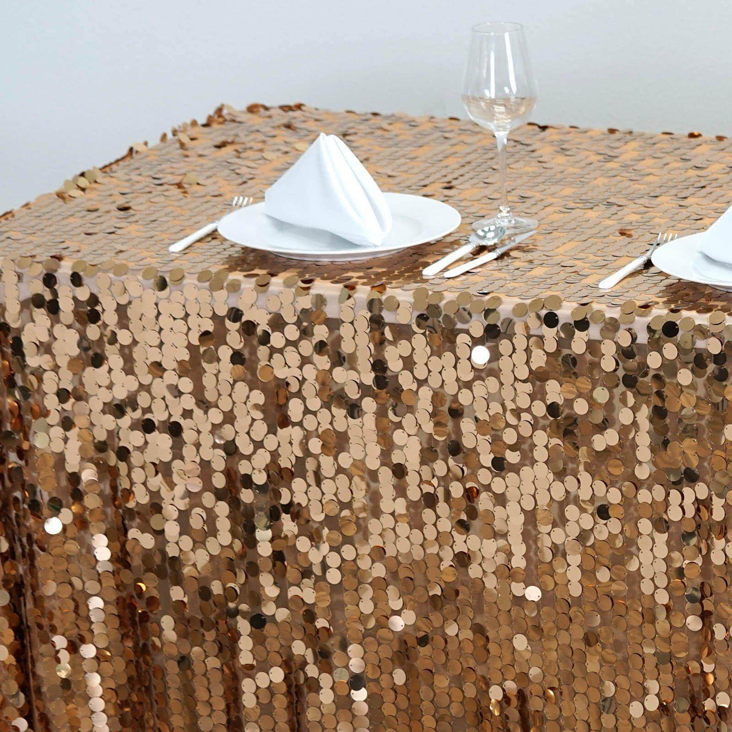 Sequin 90"x132" Rectangle Tablecloth Gold - Seamless Big Payette Design for Sophisticated Occasions - Linen Luxes