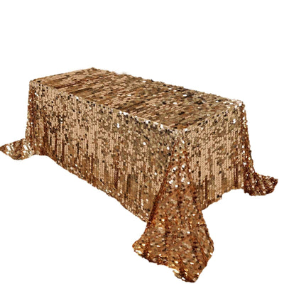 Sequin 90"x132" Rectangle Tablecloth Gold - Seamless Big Payette Design for Sophisticated Occasions - Linen Luxes