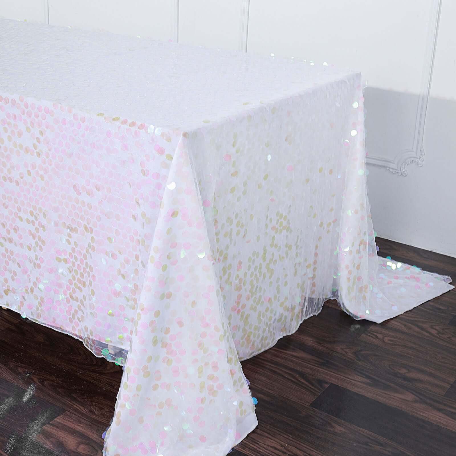 Sequin 90"x132" Rectangle Tablecloth Iridescent - Seamless Big Payette Table Cover - Linen Luxes