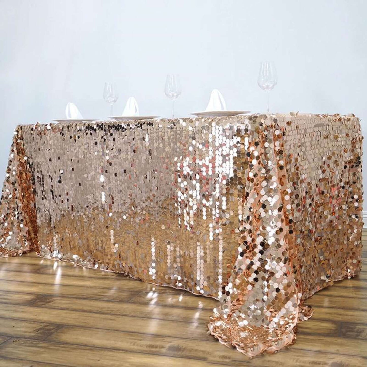 Sequin 90"x132" Rectangle Tablecloth Rose Gold - Seamless Big Payette Table Cover - Linen Luxes