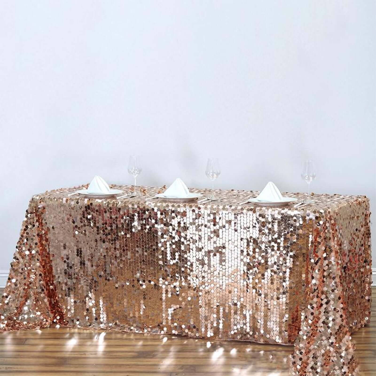 Sequin 90"x132" Rectangle Tablecloth Rose Gold - Seamless Big Payette Table Cover - Linen Luxes