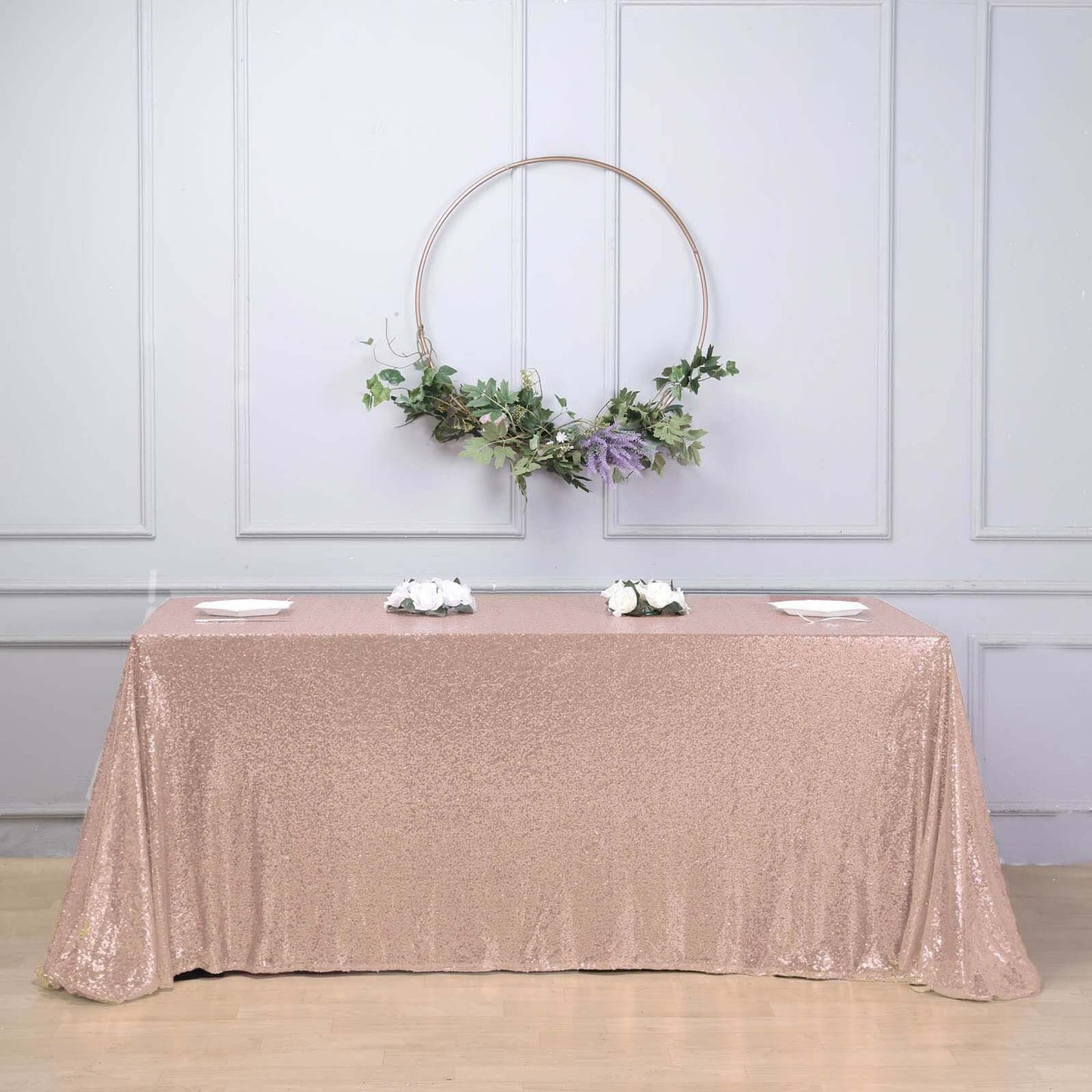 Sequin 90"x132" Rectangle Tablecloth Rose Gold - Seamless Sparkly Table Cover - Linen Luxes