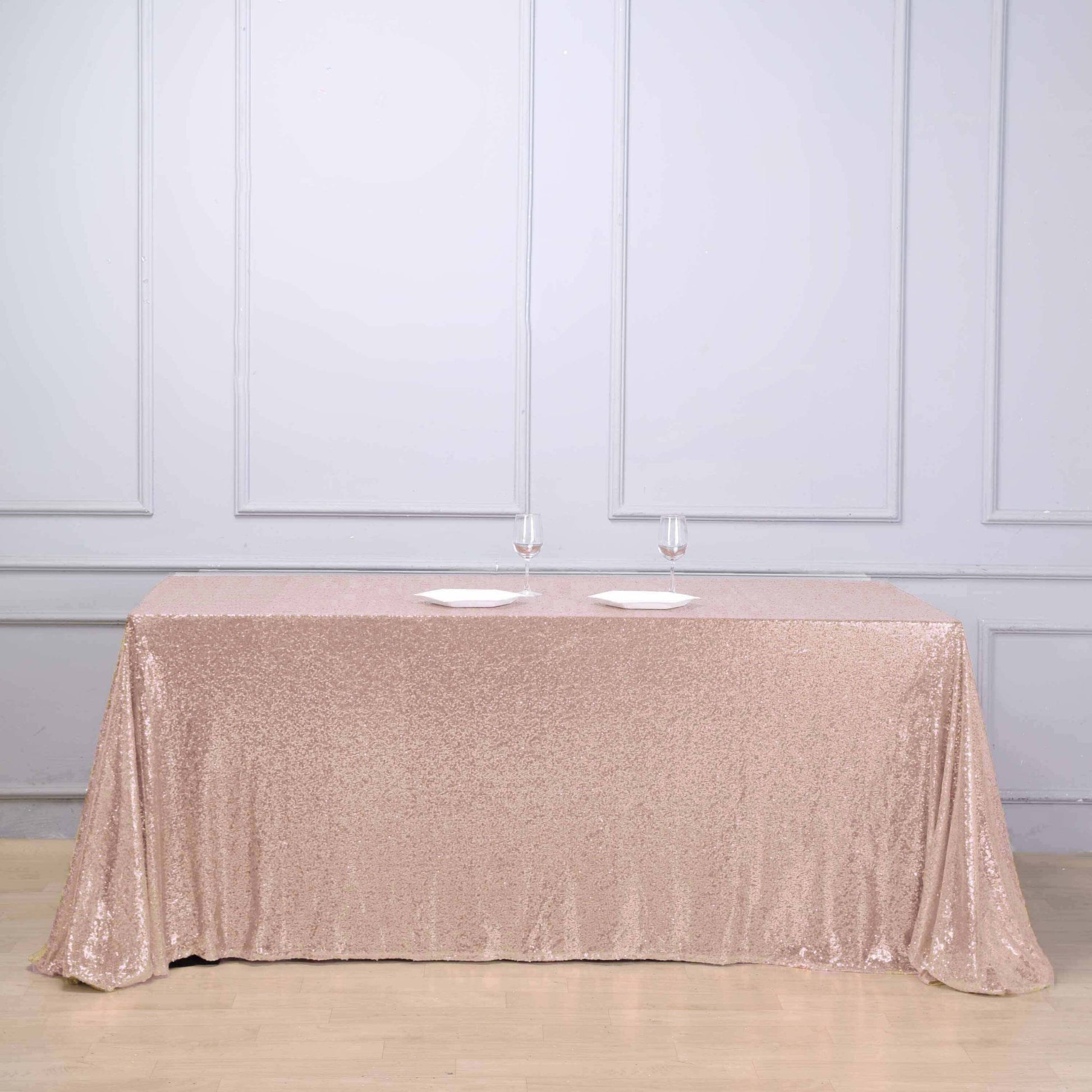 Sequin 90"x132" Rectangle Tablecloth Rose Gold - Seamless Sparkly Table Cover - Linen Luxes