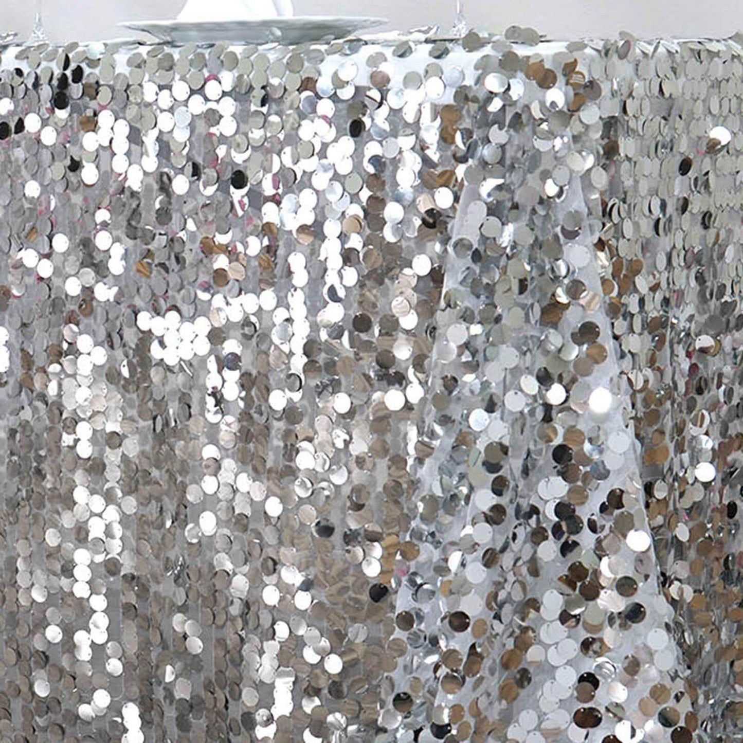 Sequin 90"x132" Rectangle Tablecloth Silver - Seamless Big Payette Table Cover - Linen Luxes