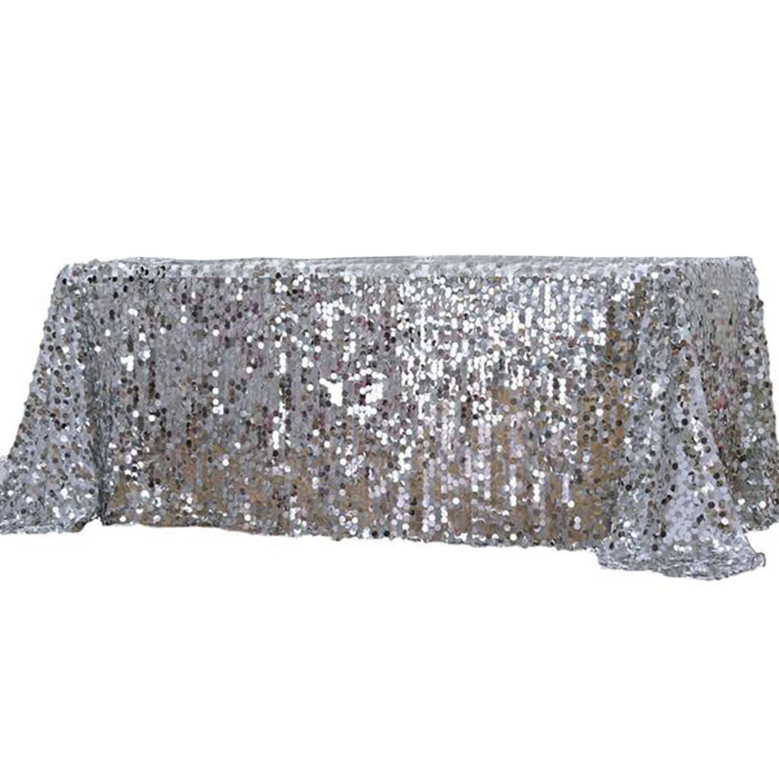 Sequin 90"x132" Rectangle Tablecloth Silver - Seamless Big Payette Table Cover - Linen Luxes