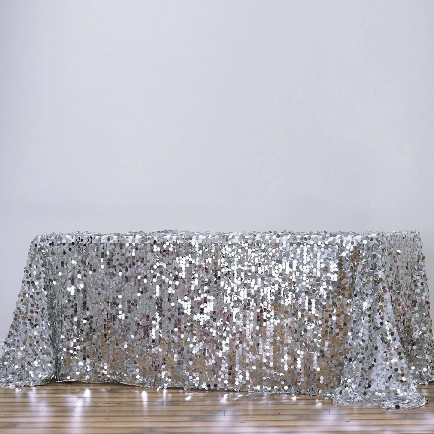 Sequin 90"x132" Rectangle Tablecloth Silver - Seamless Big Payette Table Cover - Linen Luxes