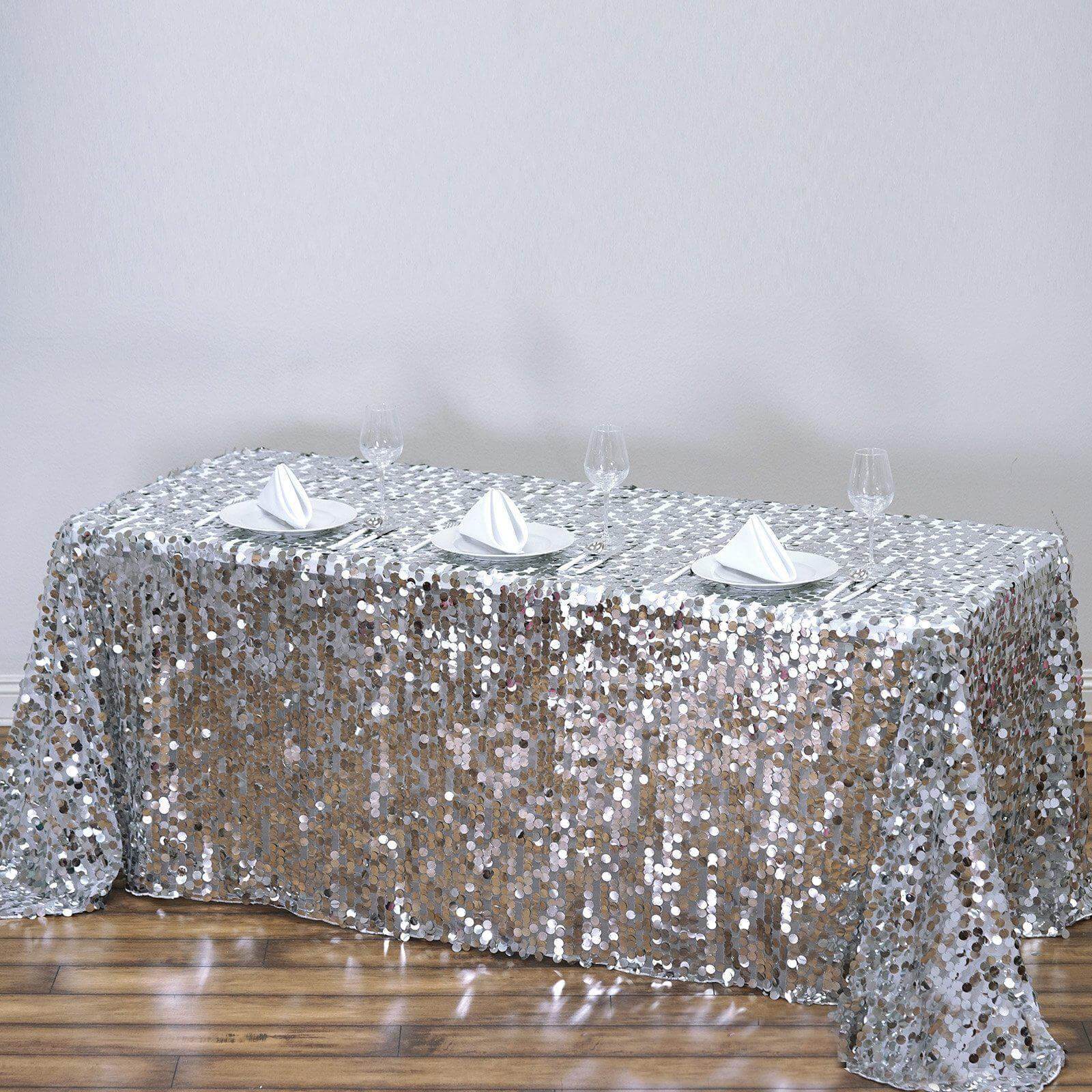 Sequin 90"x132" Rectangle Tablecloth Silver - Seamless Big Payette Table Cover - Linen Luxes