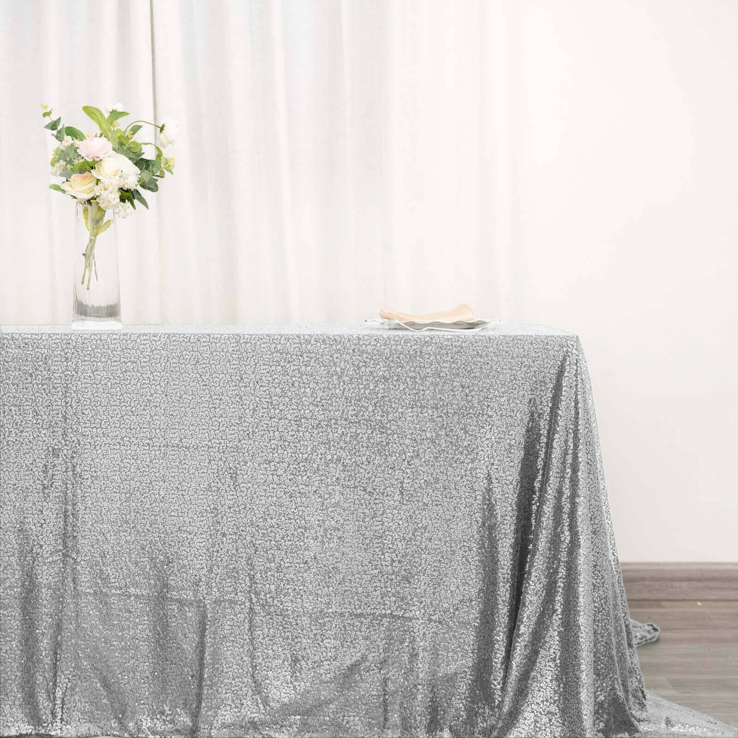 Sequin 90"x132" Rectangle Tablecloth Silver - Seamless Sparkly Table Cover - Linen Luxes