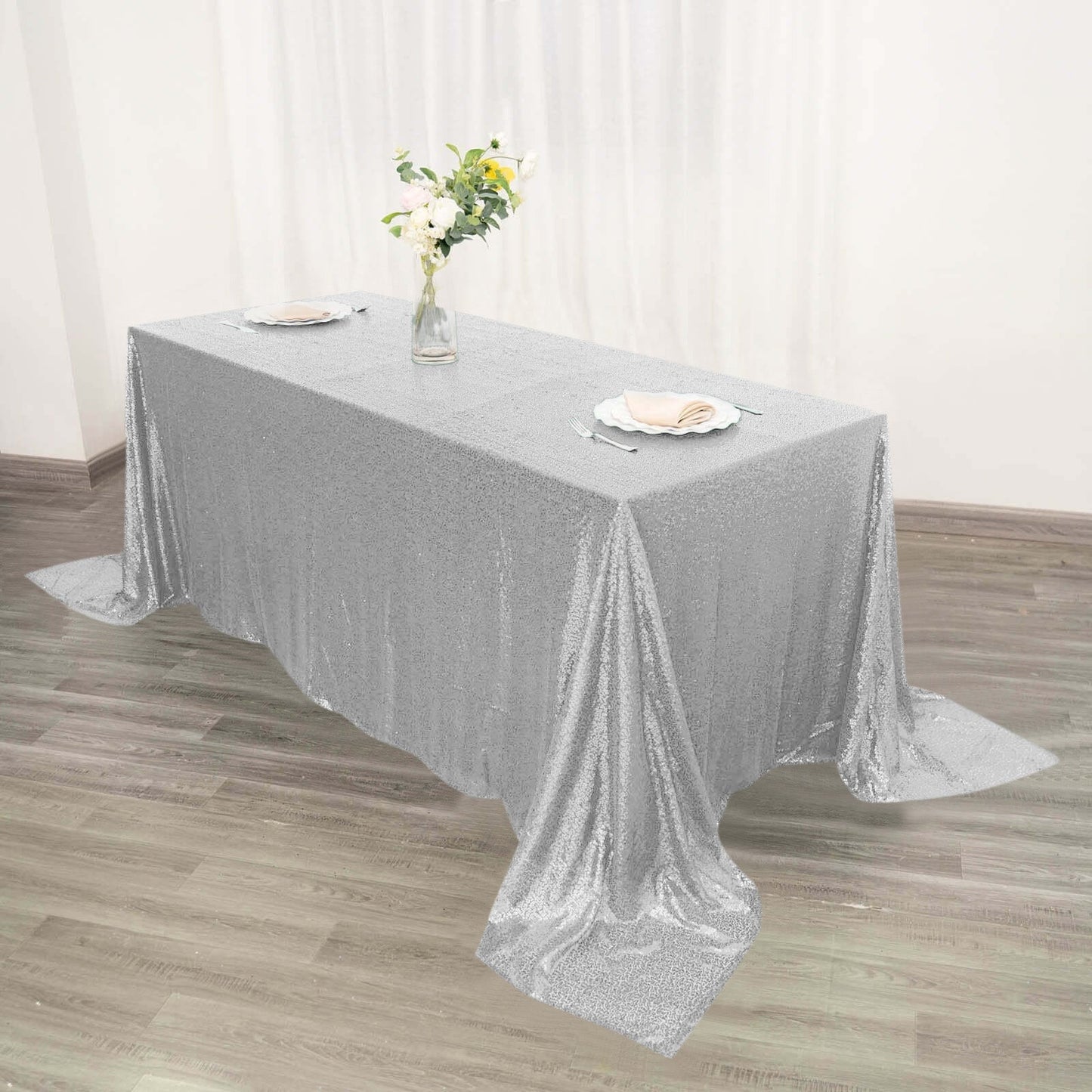 Sequin 90"x132" Rectangle Tablecloth Silver - Seamless Sparkly Table Cover - Linen Luxes